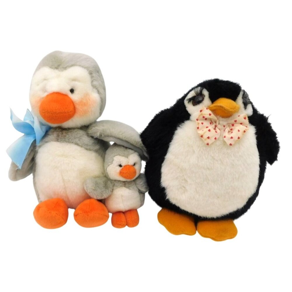 Set of 2 Vintage Russ Penguin Plush Iggy Fairbanks Black Grey Heart Bow
